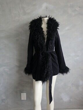 Y2K Vtg Style Black Corduroy Penny Lane Coat Shaggy Faux Fur Trim S Whimsigoth
